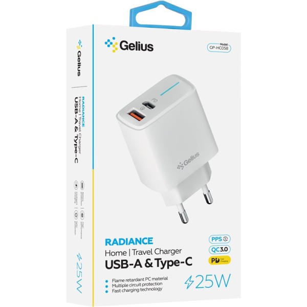 Мережевий зарядний пристрій Gelius Radiance GP-HC058 (1Type-C+ 1USB-A)(PD/QC3.0/PPS/Super VOOC) 25 Watt + кабель G-Power Type-C to Lightning White Мережевий зарядний пристрій Gelius Radiance GP-HC058 (1Type-C+ 1USB-A)(PD/QC3.0/PPS/Super VOOC) 25 Watt + кабель G-Power Type-C to Lightning White